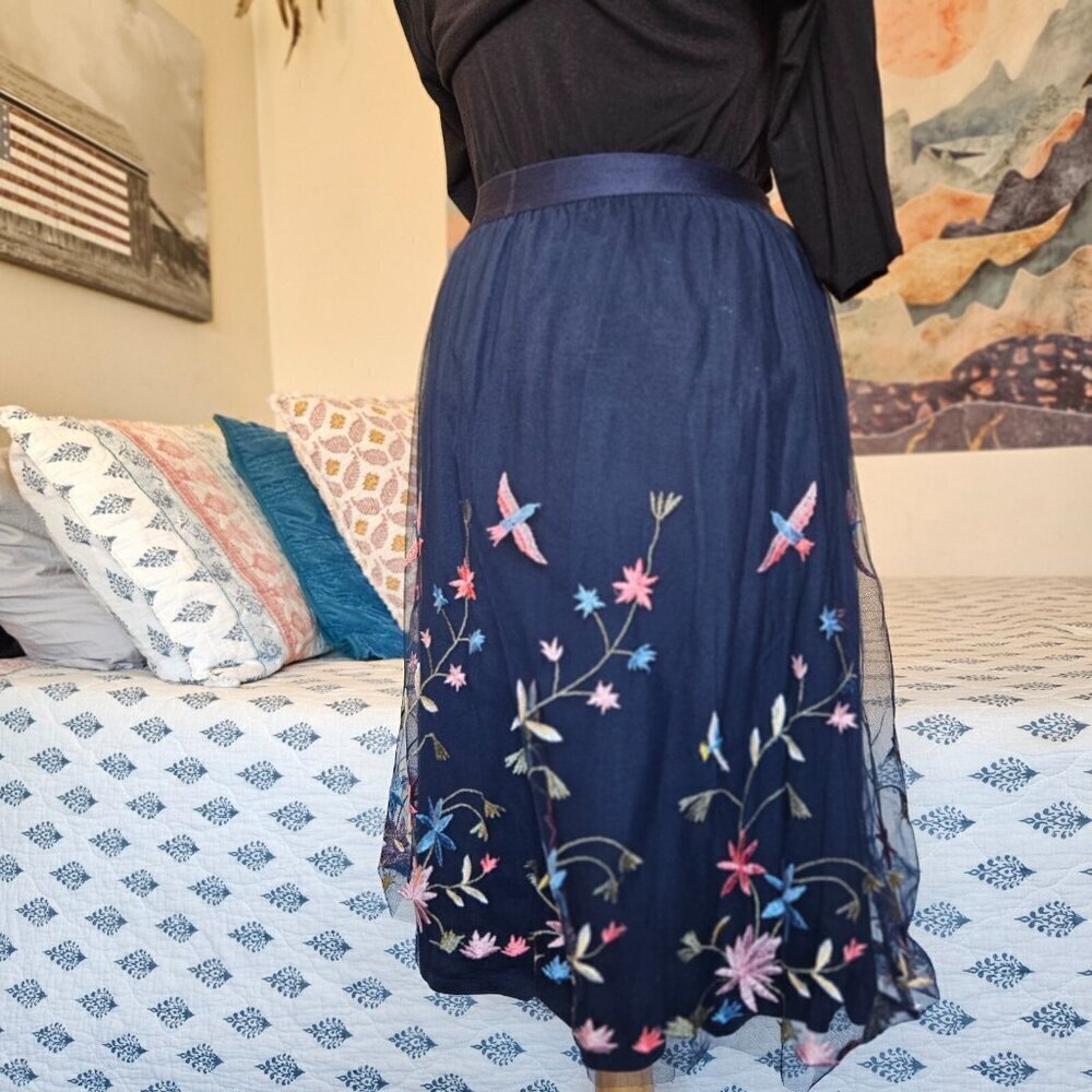 Reserved Navy Embroidered Floral Tulle Midi Skirt S - Picture 7 of 14